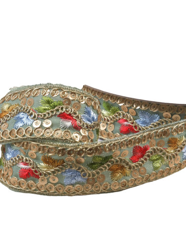 Ethnic embroidered braid 35mm almond green by the meter