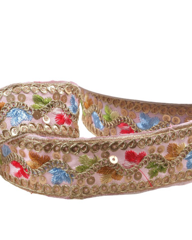 Ethnic embroidered braid 35mm light pink by the meter
