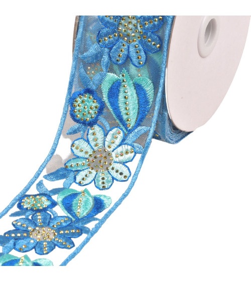 Flower embroidered braid 55mm white/blue by the meter