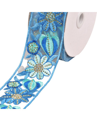 Mit Blumen bestickter Zopf, 55 mm, weiß/blau, Meterware