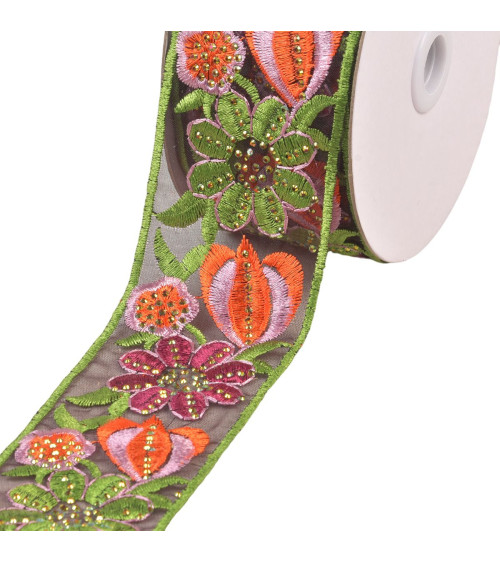 Flower embroidered braid 55mm khaki per meter