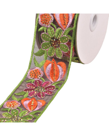 Flower embroidered braid 55mm khaki per meter