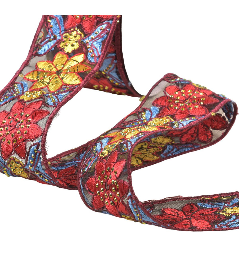 Flower embroidered braid 45mm burgundy per meter
