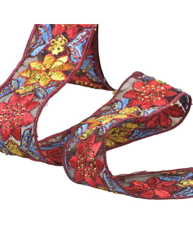 Flower embroidered braid 45mm burgundy per meter