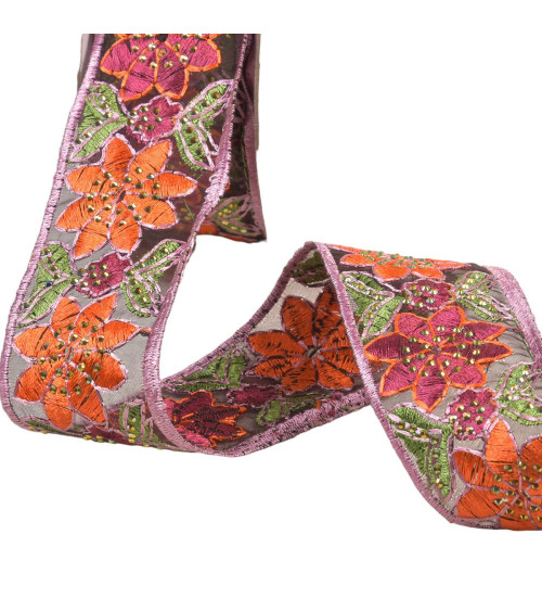 Flower embroidered braid 45mm orange by the meter