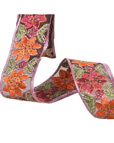 Flower embroidered braid 45mm orange by the meter