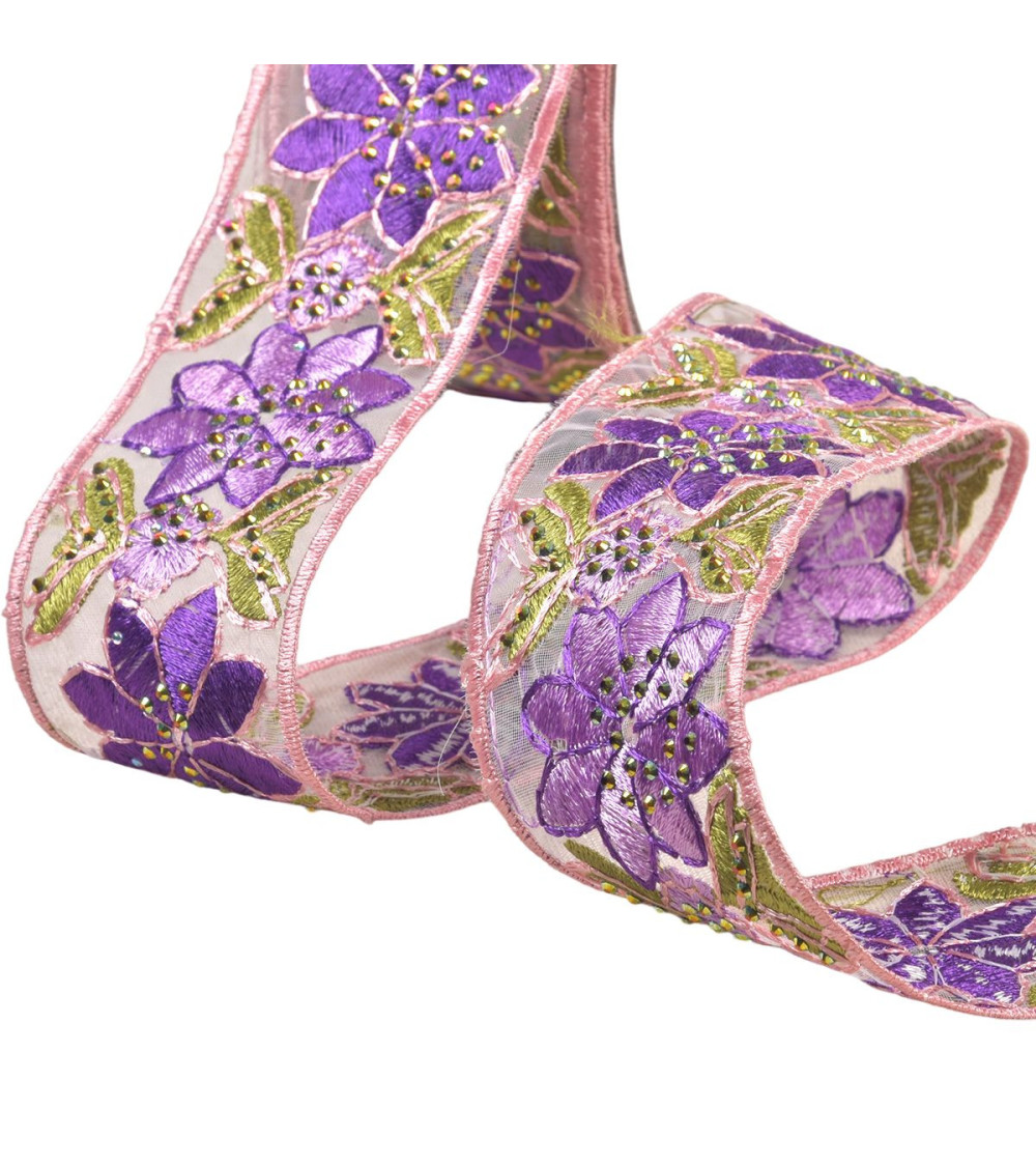 Flower embroidered braid 45mm purple by the meter
