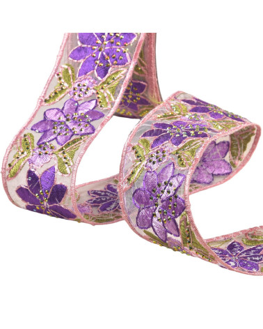 Flower embroidered braid 45mm purple by the meter