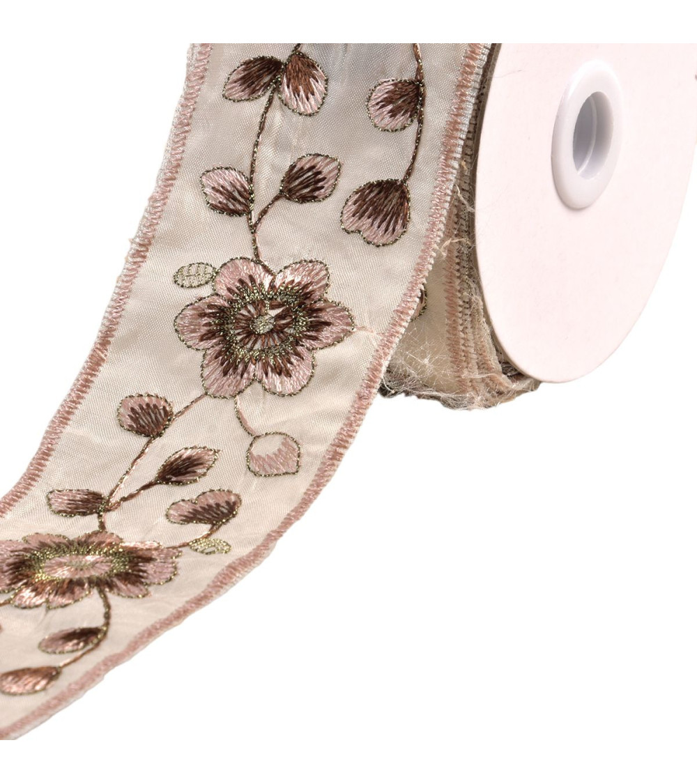 Embroidered braid flowers and leaves 58mm taupe per meter