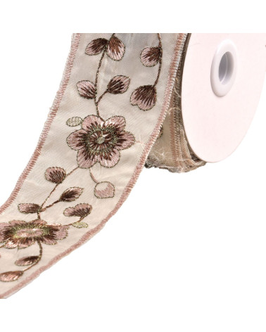 Embroidered braid flowers and leaves 58mm taupe per meter