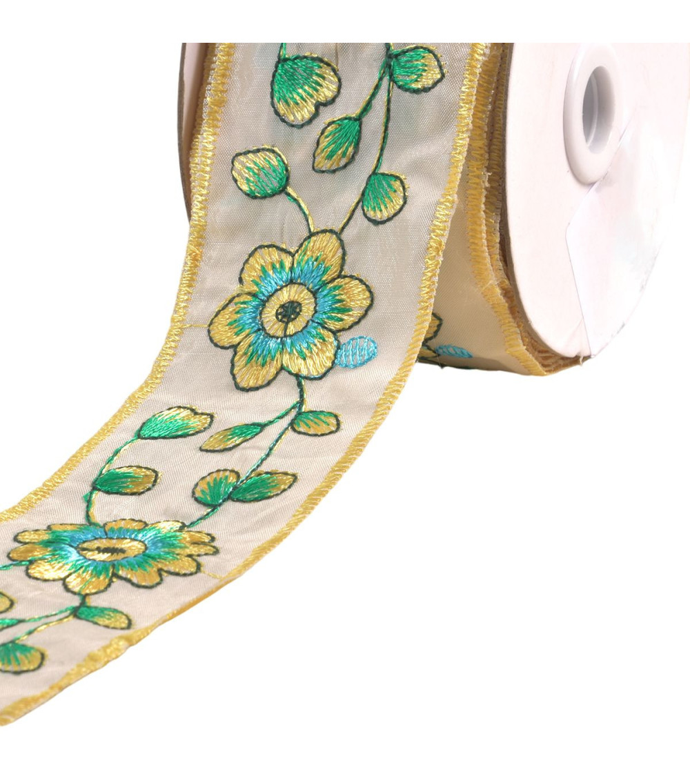 Gestickte Borte aus Blumen und Blättern, 58 mm, zitronengelb pro Meter