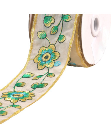 Gestickte Borte aus Blumen und Blättern, 58 mm, zitronengelb pro Meter