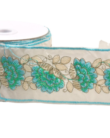 Gesticktes Geflecht aus Blumen und Blättern, 60 mm, stahlblau, pro Meter