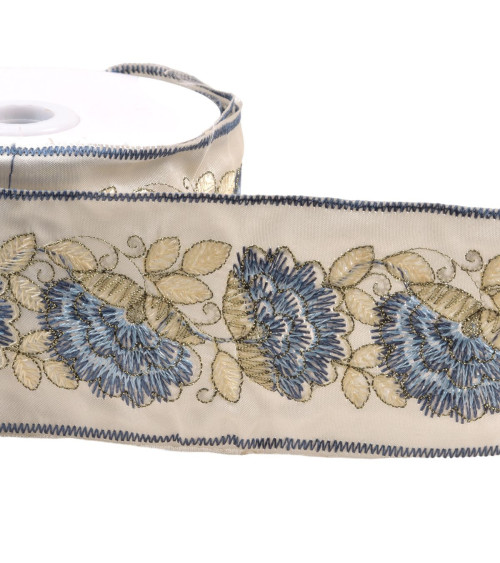 Embroidered braid flowers and leaves 60mm lavender blue per meter