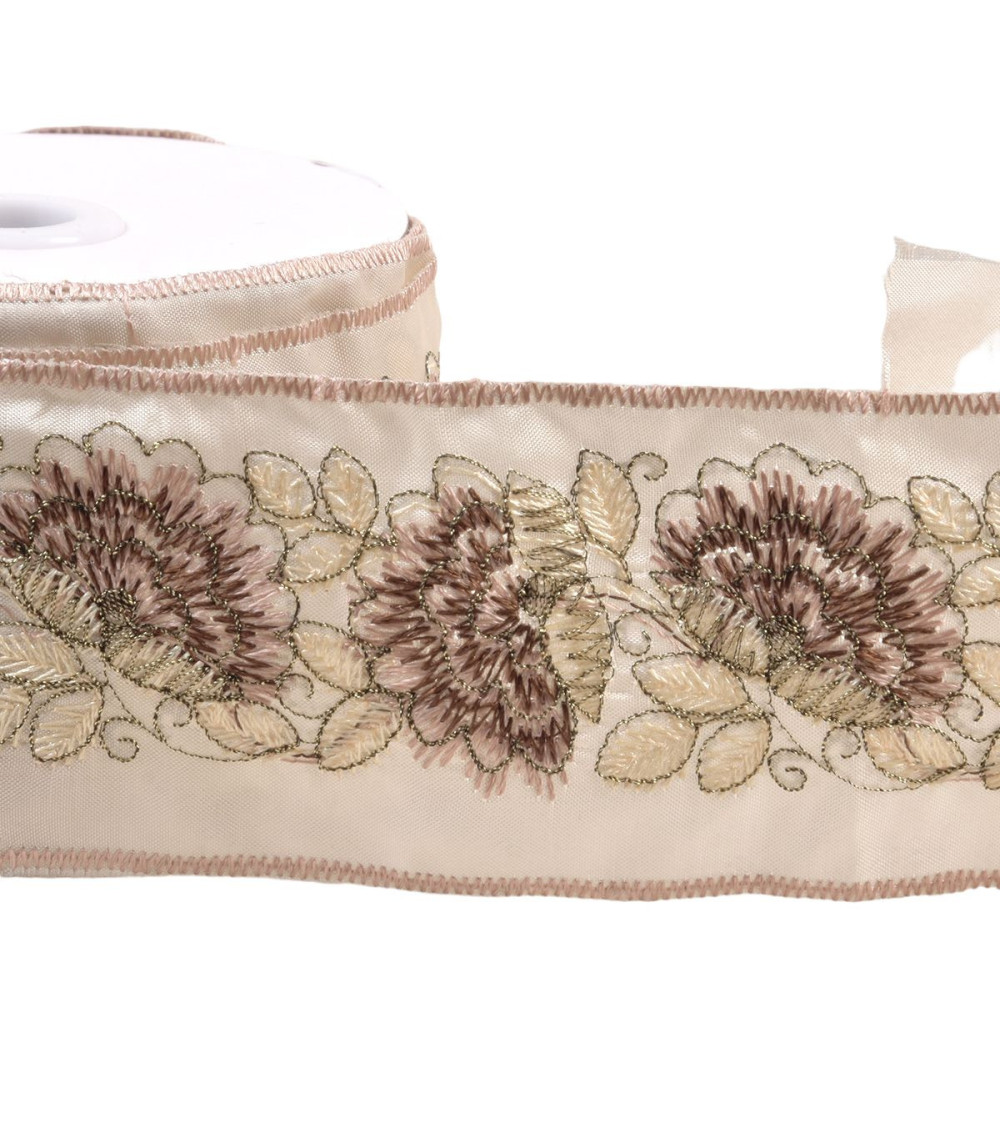 Embroidered braid flowers and leaves 60mm taupe per meter