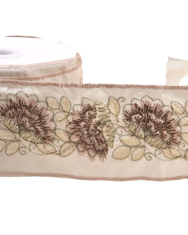 Embroidered braid flowers and leaves 60mm taupe by the meter