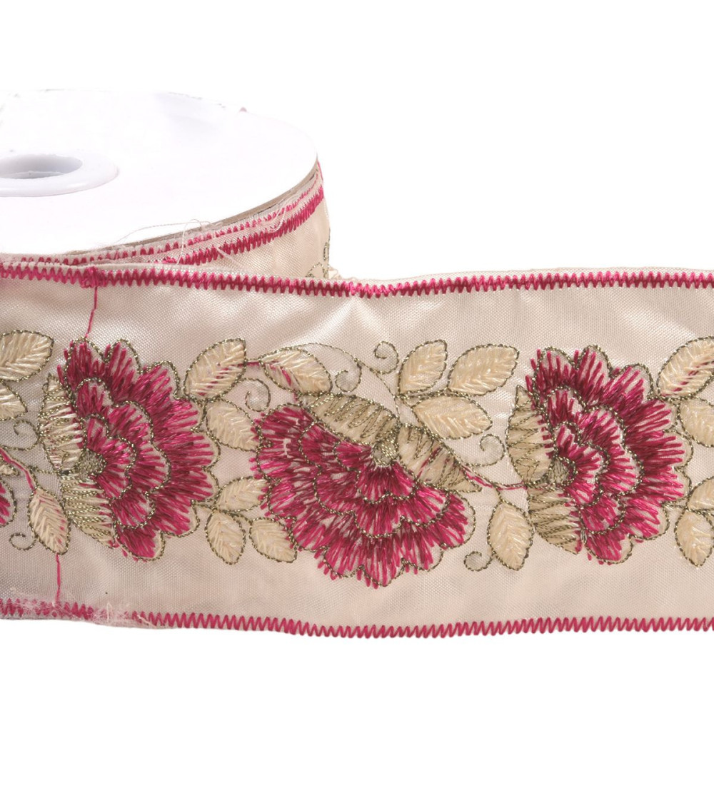 Embroidered braid flowers and leaves 60mm fuchsia per meter
