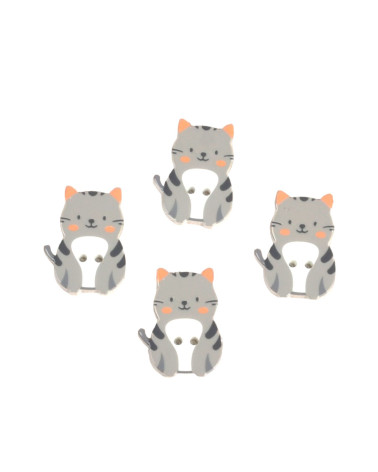 Set mit 3 Katzenknöpfen mit 2 Löchern, grau getigerte Katze aus Holz, 27 mm