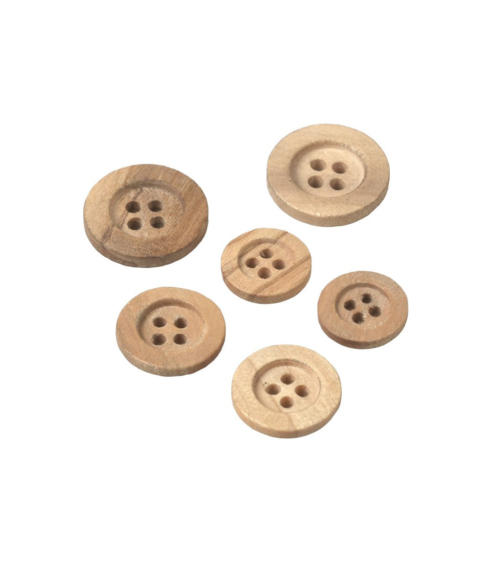 Set of 6 wooden buttons with large rim and 4 holes
