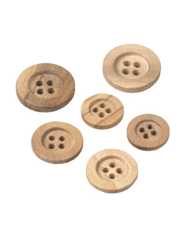 Set of 6 wooden buttons, large rim, 4 holes
