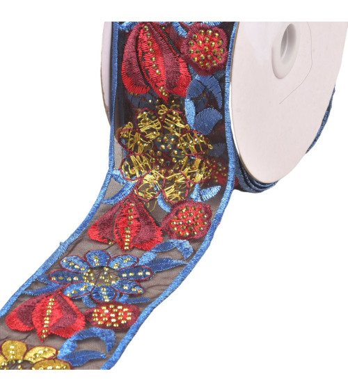 10m spool of embroidered flower braid 55mm blue/black