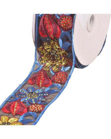 10-m-Spule mit besticktem Blumengeflecht, 55 mm, blau/schwarz