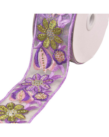 10m spool of embroidered flower braid 55mm dark purple