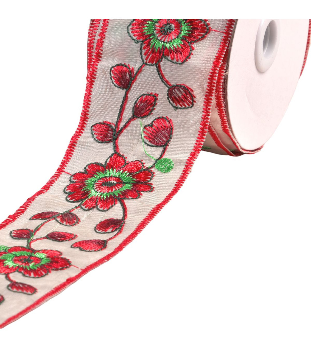 10m spool of embroidered braid with flowers and leaves 58mm red