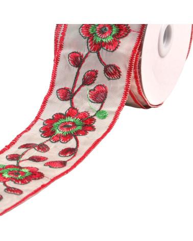 10m spool of embroidered braid with flowers and leaves 58mm red