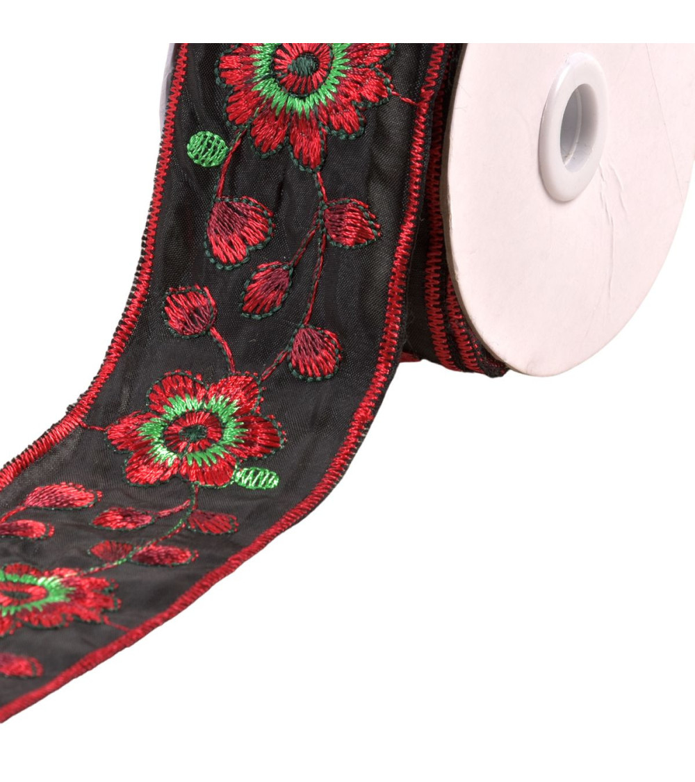 10m spool of embroidered braid with flowers and leaves 58mm black
