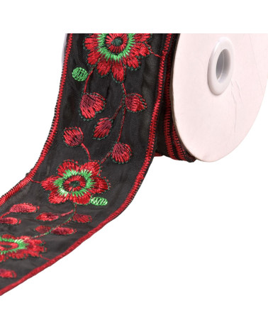 10m spool of embroidered braid with flowers and leaves 58mm black