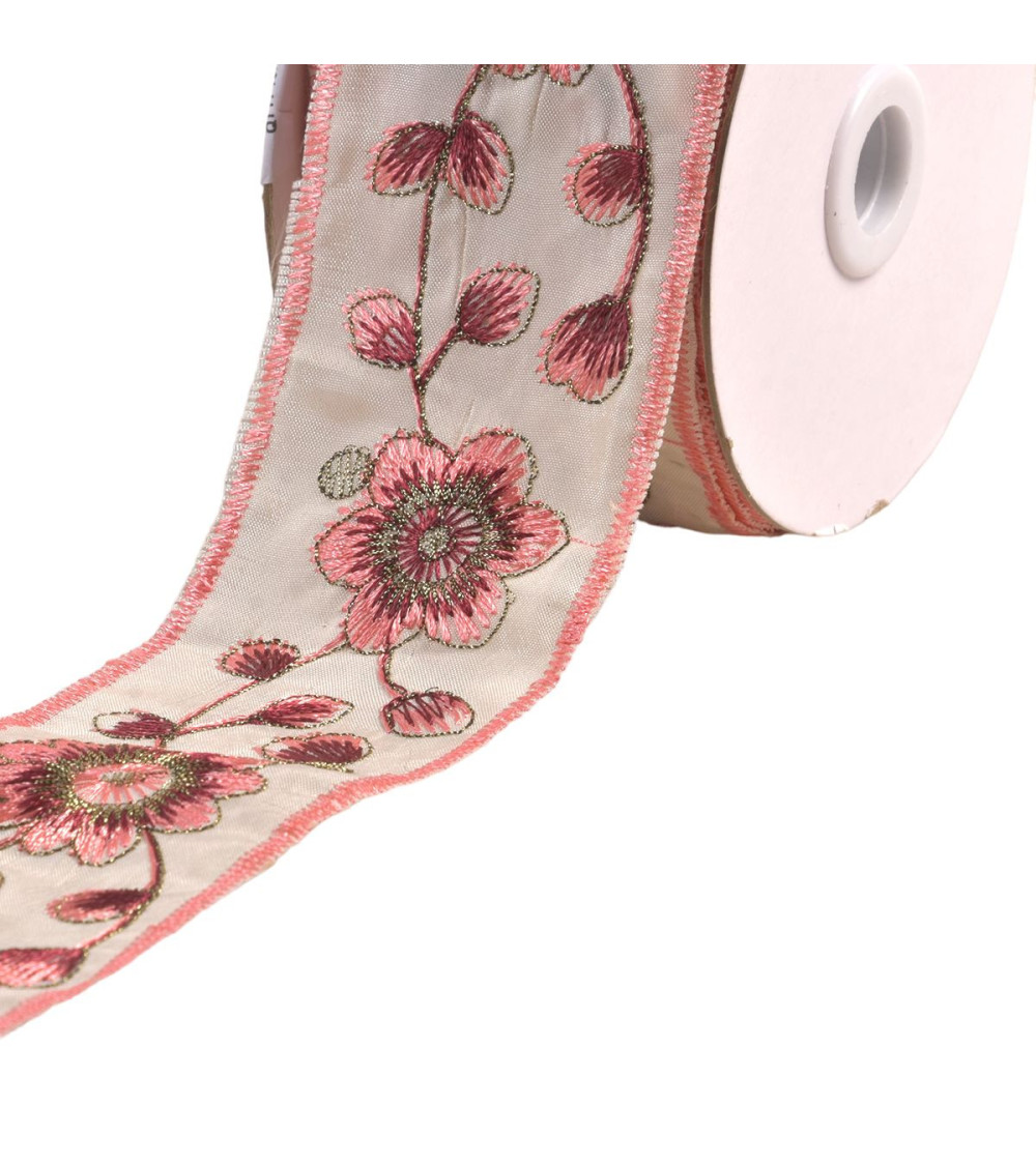 10m reel embroidered braid flowers and leaves 58mm salmon