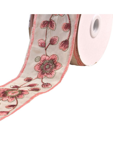 Bobina da 10 m di treccia ricamata fiori e foglie da 58 mm color salmone