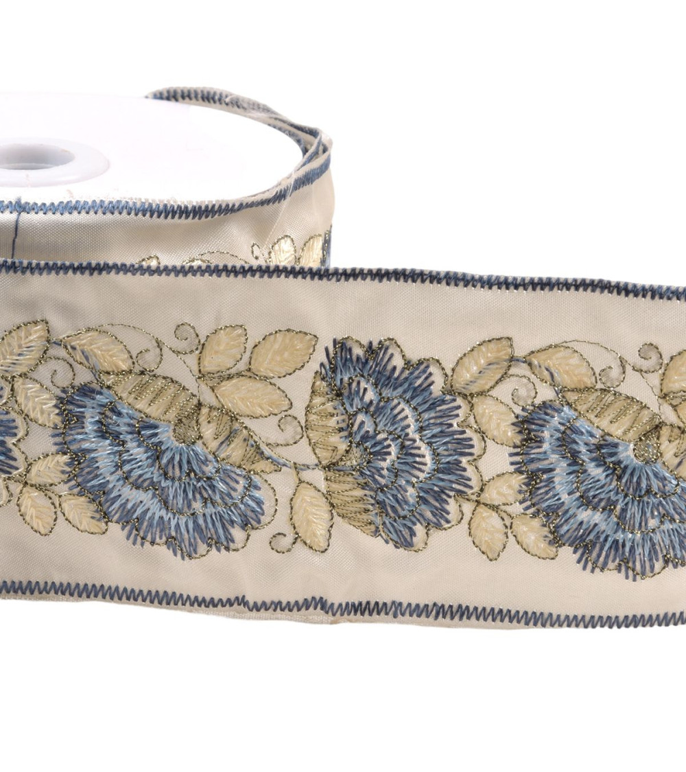 10m spool of embroidered braid with flowers and leaves 60mm lavender blue