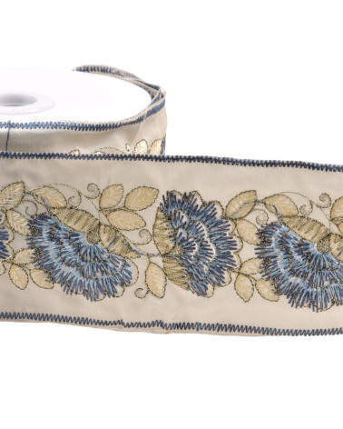 10m spool of embroidered braid with flowers and leaves 60mm lavender blue