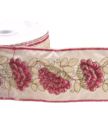 10m reel embroidered braid flowers and leaves 60mm fuchsia