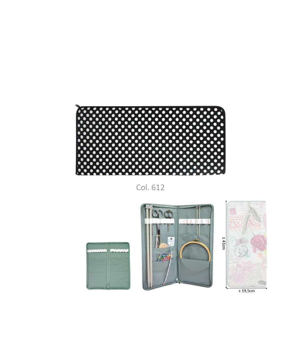 Knitting needle holder 43cmx20cm black polka dots