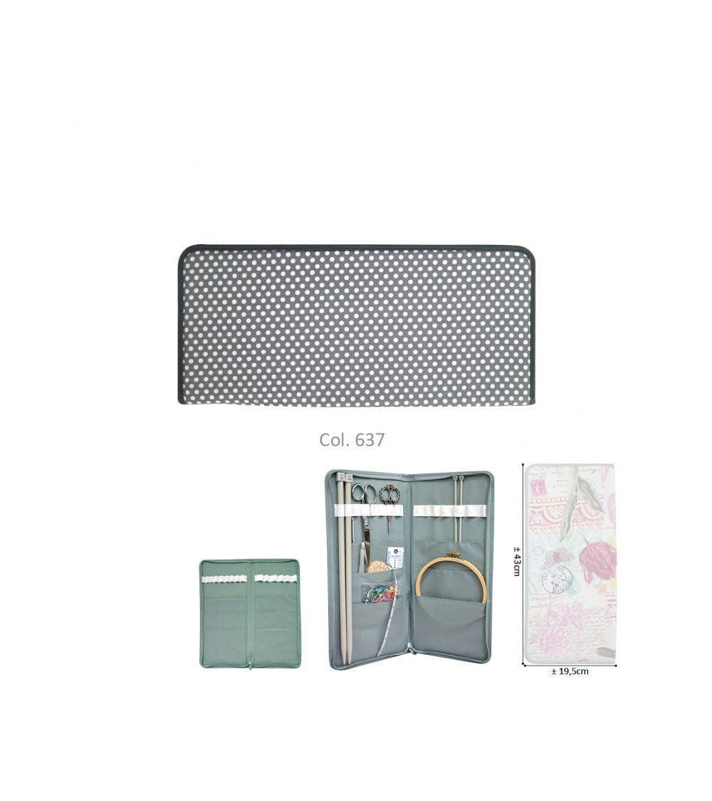 Knitting needle holder 43cmx20cm dark gray polka dots