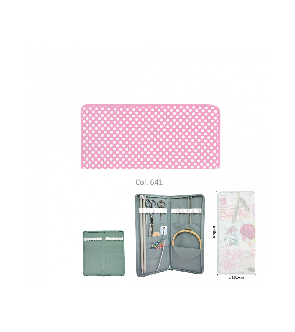 Knitting needle holder 43cmx20cm pink polka dots