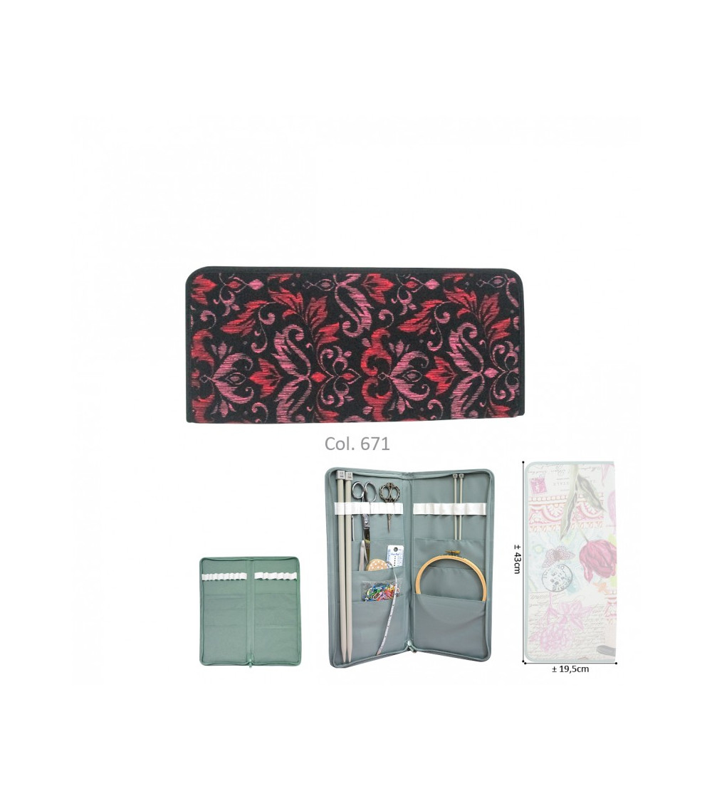 Knitting needle holder 43cmx20cm red and pink flowers
