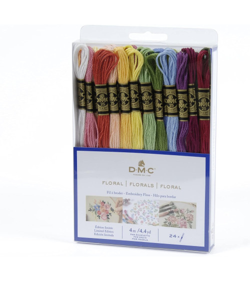 DMC – Sortiment an Mouliné-Spécial-Garnen – Blumenfarbe, 100 % Baumwolle – 24 Stränge à 4 Meter