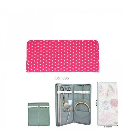 Knitting needle holder 43cmx20cm fuschia stars