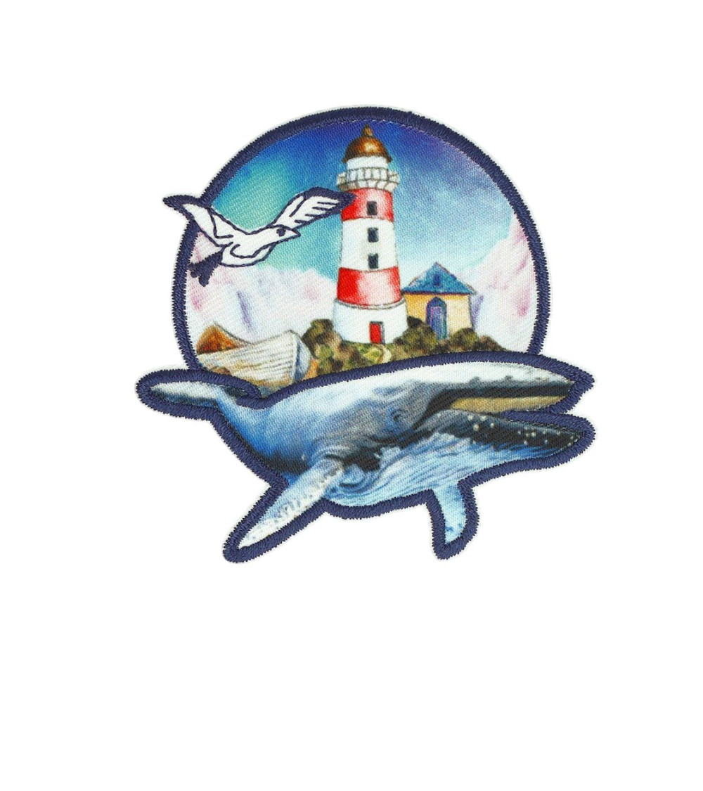 Lighthouse whale iron-on patch 6.4cm x 6.5cm