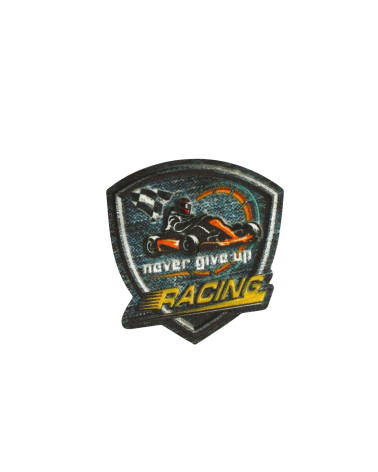 Iron-on badge in racing denim style 4.9cm x 5.1cm