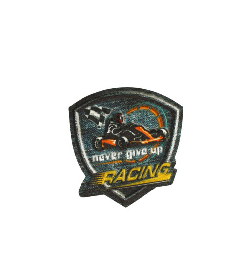 Set of 3 iron-on denim racing badges 4.9cm x 5.1cm