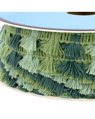 Bobina de 25m con flecos de pompones multicolor 15mm verde caqui claro
