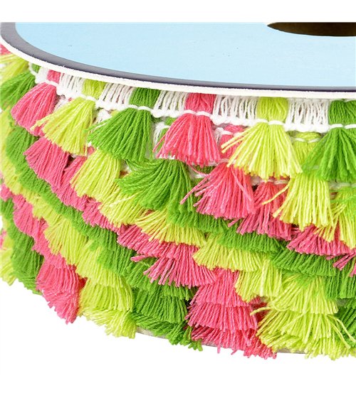 Bobine 25m frange pompons multicolore 15mm vert