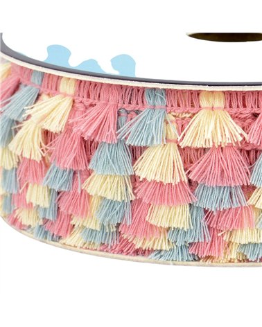 Bobine 25m frange pompons multicolore 15mm fuchsia