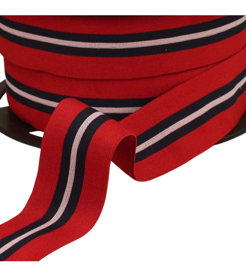 20m reel of two-tone elastic with central 32mm red edging