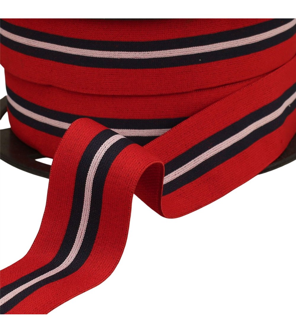 Bobine 20m élastique bicolore avec liseret central 32mm rouge
